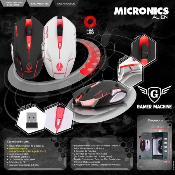 Mouse Inalambrico Recargable Alien + Pad Mouse - Imagen 4