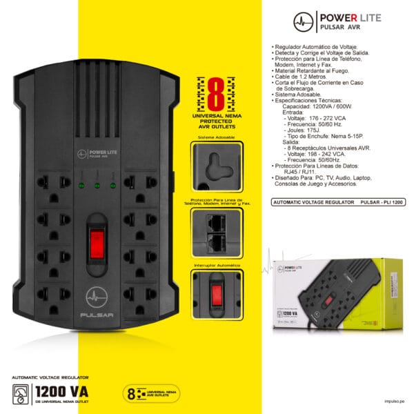 Estabilizador De Corriente Powerlite Pulsar PLI-1200 - Imagen 4